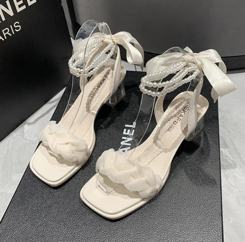 Ladies Aesthetic Slid On Pearl And Ribbons Straps Heels